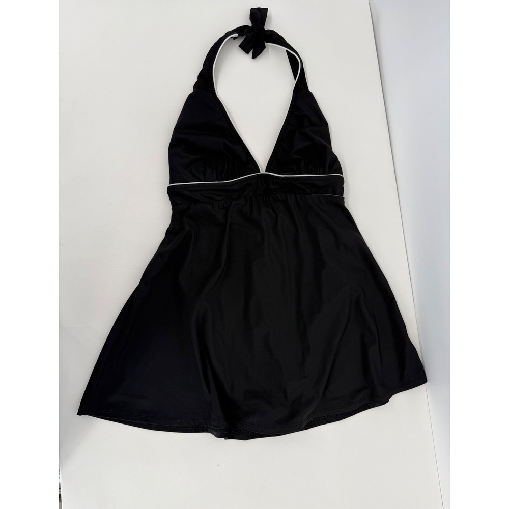 Carol Wior Black Halter Swim Dress Vintage One Piece Swimsuit White Trim Sz 6